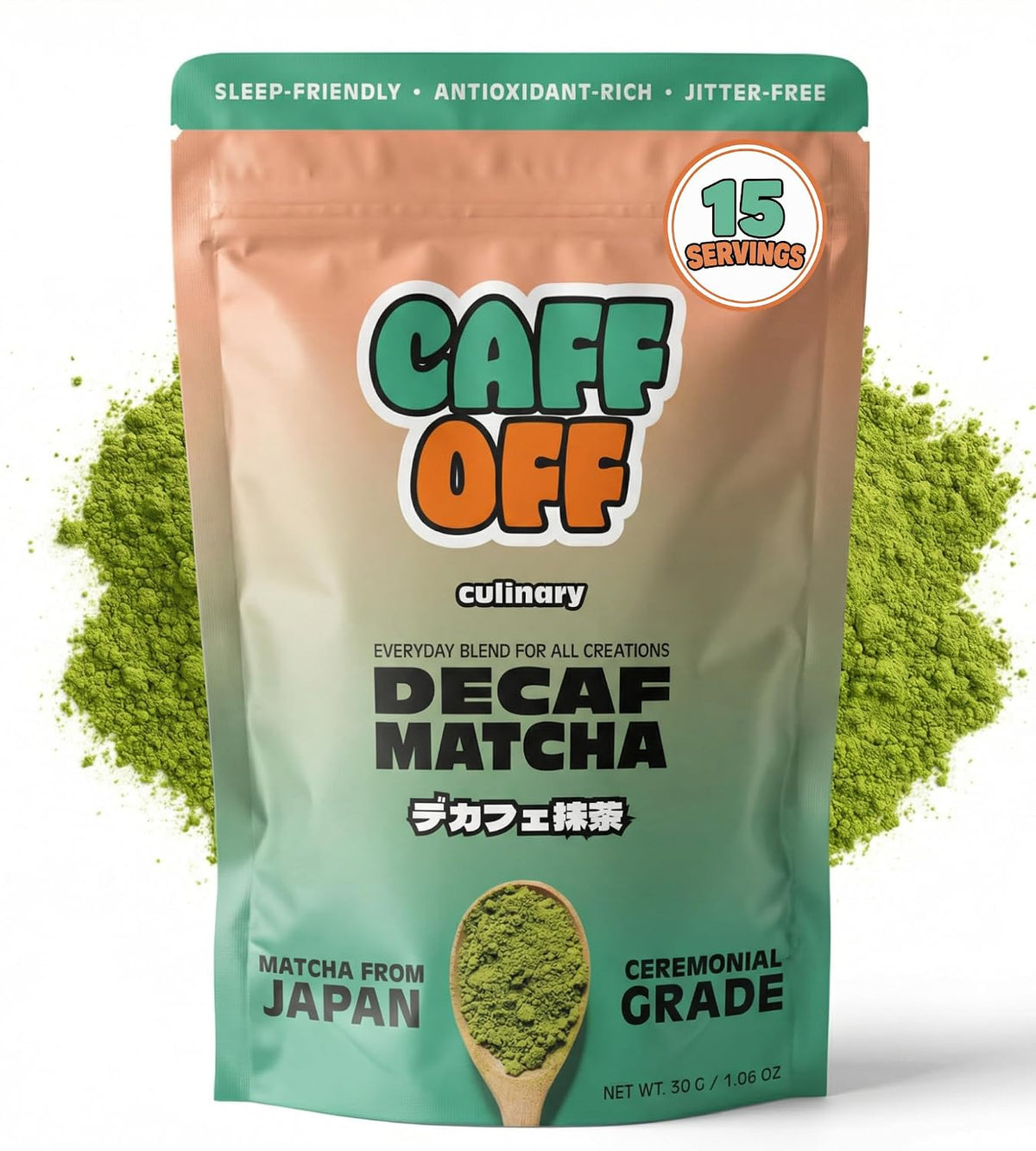 Caff Off Decaf Matcha Green Tea Powder, 15 Servings, Culinary Grade Japanese First Harvest, Naturally Decaffeinated, Heavy Metal Tested, Ideal for Cooking, Baking, Smoothies, 1.06 oz / 30 g