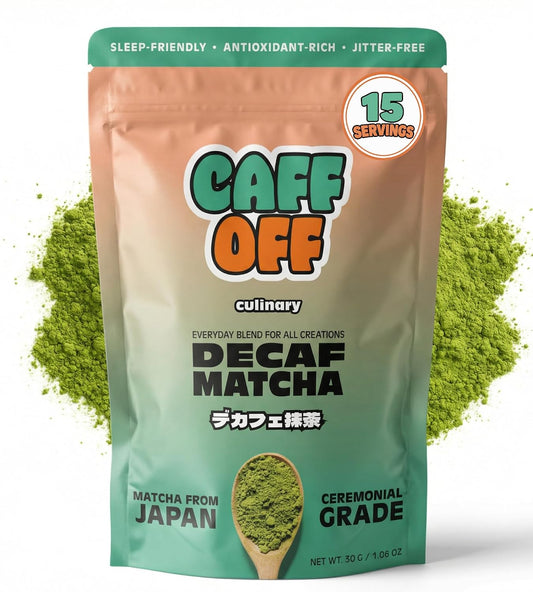 Caff Off Decaf Matcha Green Tea Powder, 15 Servings, Culinary Grade Japanese First Harvest, Naturally Decaffeinated, Heavy Metal Tested, Ideal for Cooking, Baking, Smoothies, 1.06 oz / 30 g