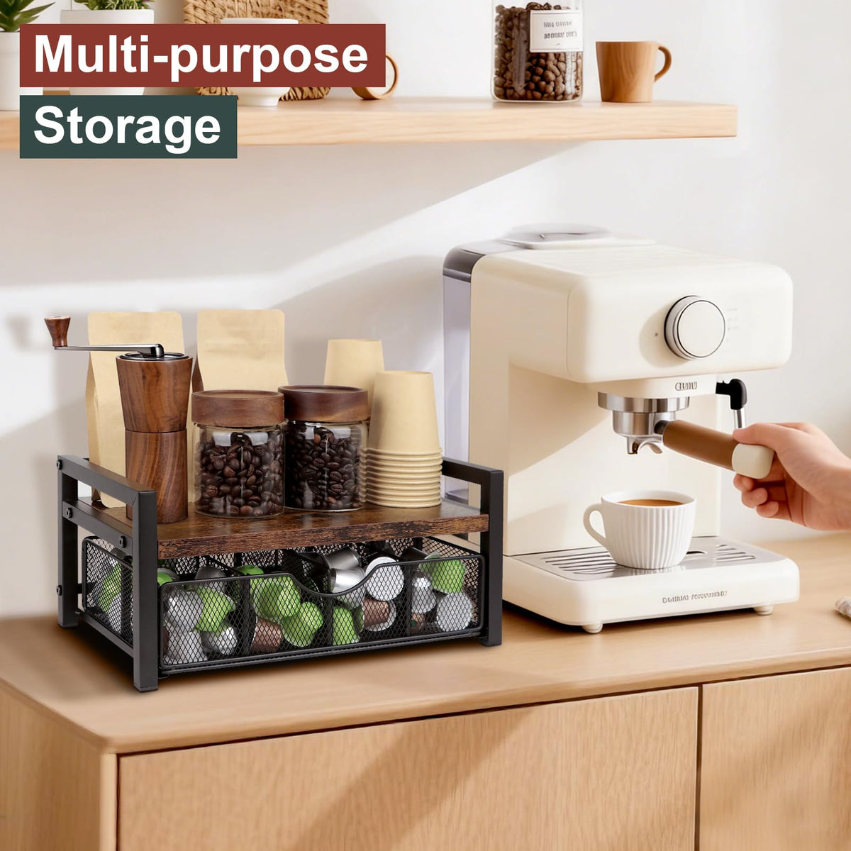 Happilif Tea Bag Organizer, Tea Bag Holder Organizer with 8-Compartment Adjustable Drawer, Wood & Metal Tea Box Organizer