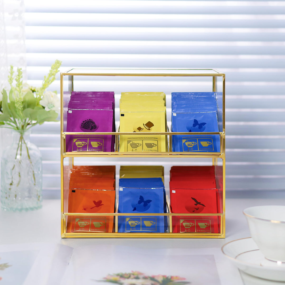 REDHUGO Glass Tea Bag Organizer for Counter, 2-Tier Teabag Organizer Storage Holder for Tea Bags, Glass Caddy Box Containers