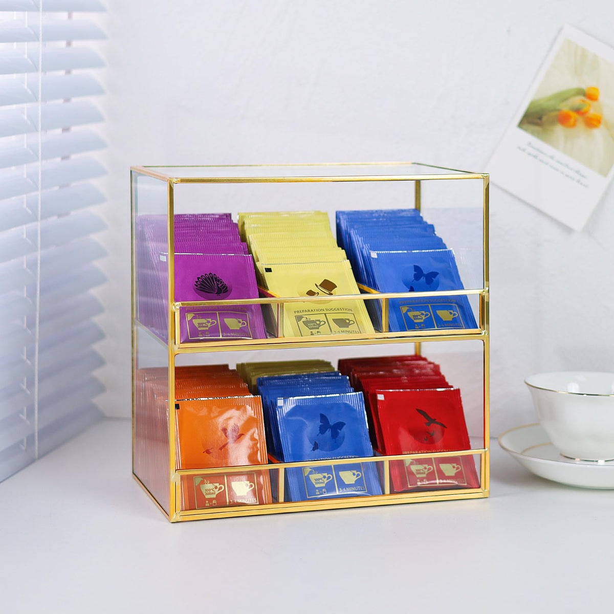 REDHUGO Glass Tea Bag Organizer for Counter, 2-Tier Teabag Organizer Storage Holder for Tea Bags, Glass Caddy Box Containers
