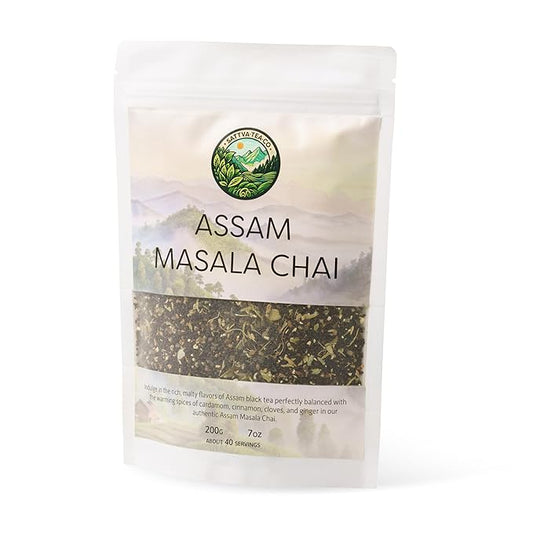Sattva Tea Co | Assam Masala Chai | 200g/7oz Loose Leaf (Makes 40+ Cups) | Spiced Chai Tea Blend with Ginger, Cardamom, Bay Leaf, and Clove | Sustainably Sourced, Vegan & Microplastics-Free