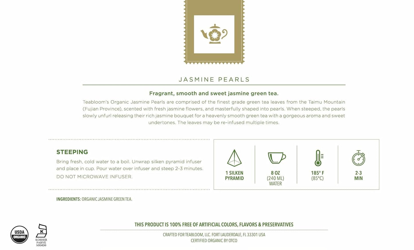 Teabloom Jasmine Pearls – USDA Organic Jasmine Green Tea in Plant-Based Pyramid Sachets – Luxury Tea Gift Box with 12 Compostable Sachets – Kosher Certified
