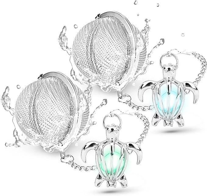 2pcs Tea Infuser TeaSanavie Loose Leaf Tea Steeper Stainless Steel Tea Ball Mesh Tea Strainer Silver Glow In The Dark Turtle Pendant Tea Filter with