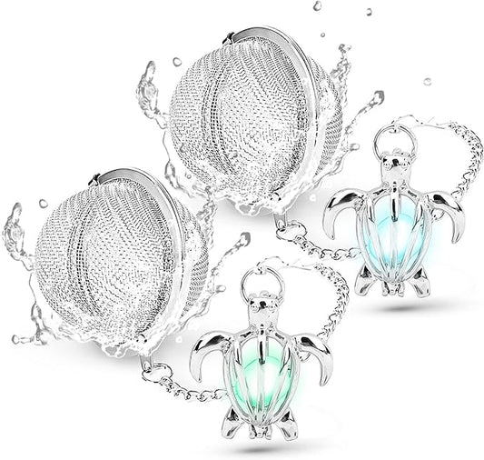 2pcs Tea Infuser TeaSanavie Loose Leaf Tea Steeper Stainless Steel Tea Ball Mesh Tea Strainer Silver Glow In The Dark Turtle Pendant Tea Filter with