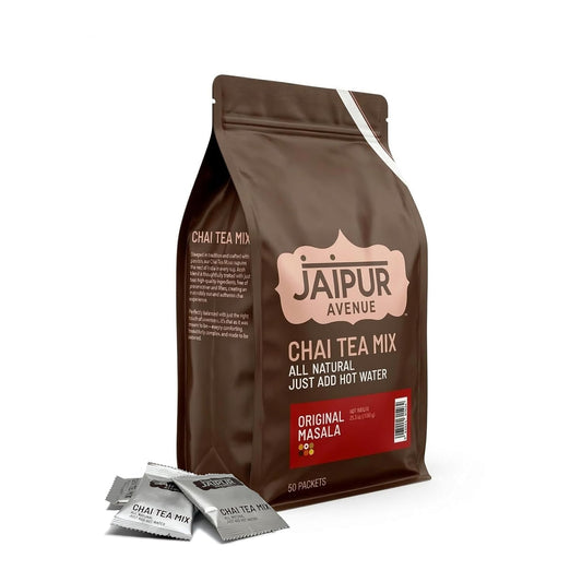 Jaipur Avenue Masala Chai Tea Mix Crafted with All-Natural Assam Black Tea, Masala, Cane Sugar, and Premium Dry Milk - Preservative-Free, Gluten-Free, Authentic Indian Chai Tea Latte (50 Packets)