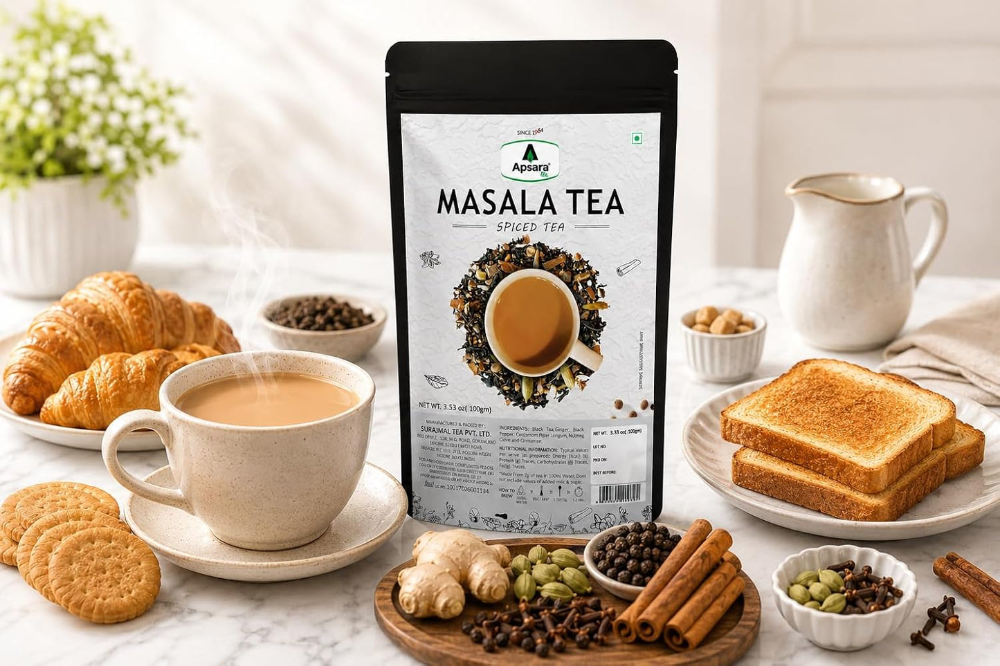 APSARA Premium Masala Chai Tea, Authentic Indian CTC Black Tea Blend with Ginger, Cardamom, Cinnamon, Black Pepper &amp; Cloves, Strong Aroma and Bold Flavor, Spiced Tea for Traditional Milk Chai, 100g
