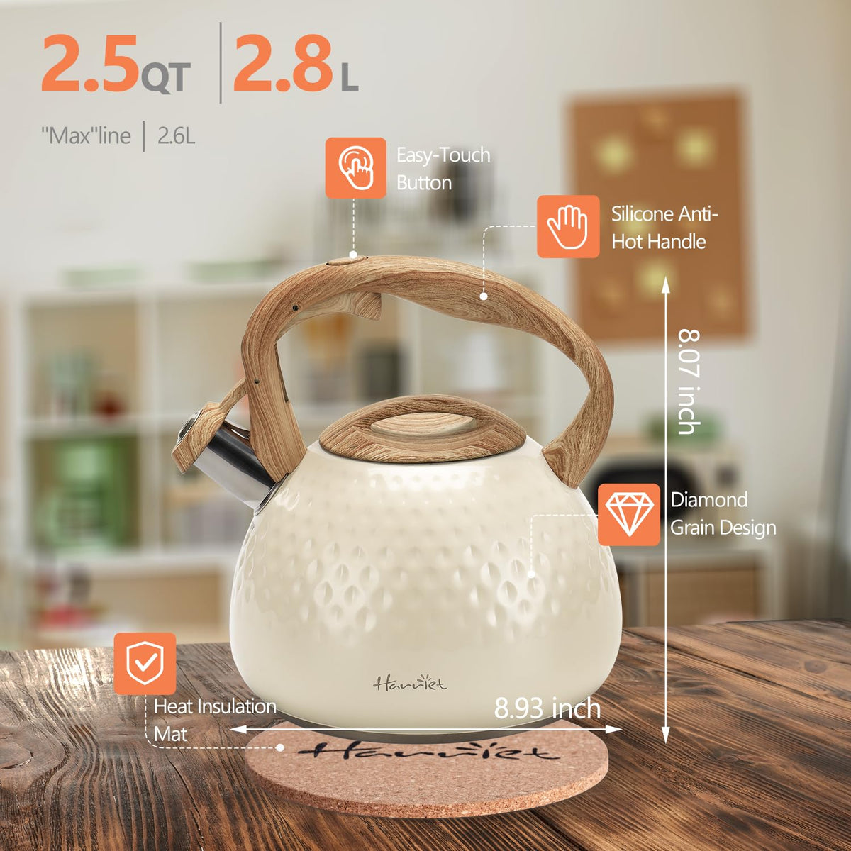 harriet Tea Kettle, Tea Pot for Stovetop, 2.5QT Whistling Kettle with 5-Layers bottom, Food Grade Stainless Steel Kettles