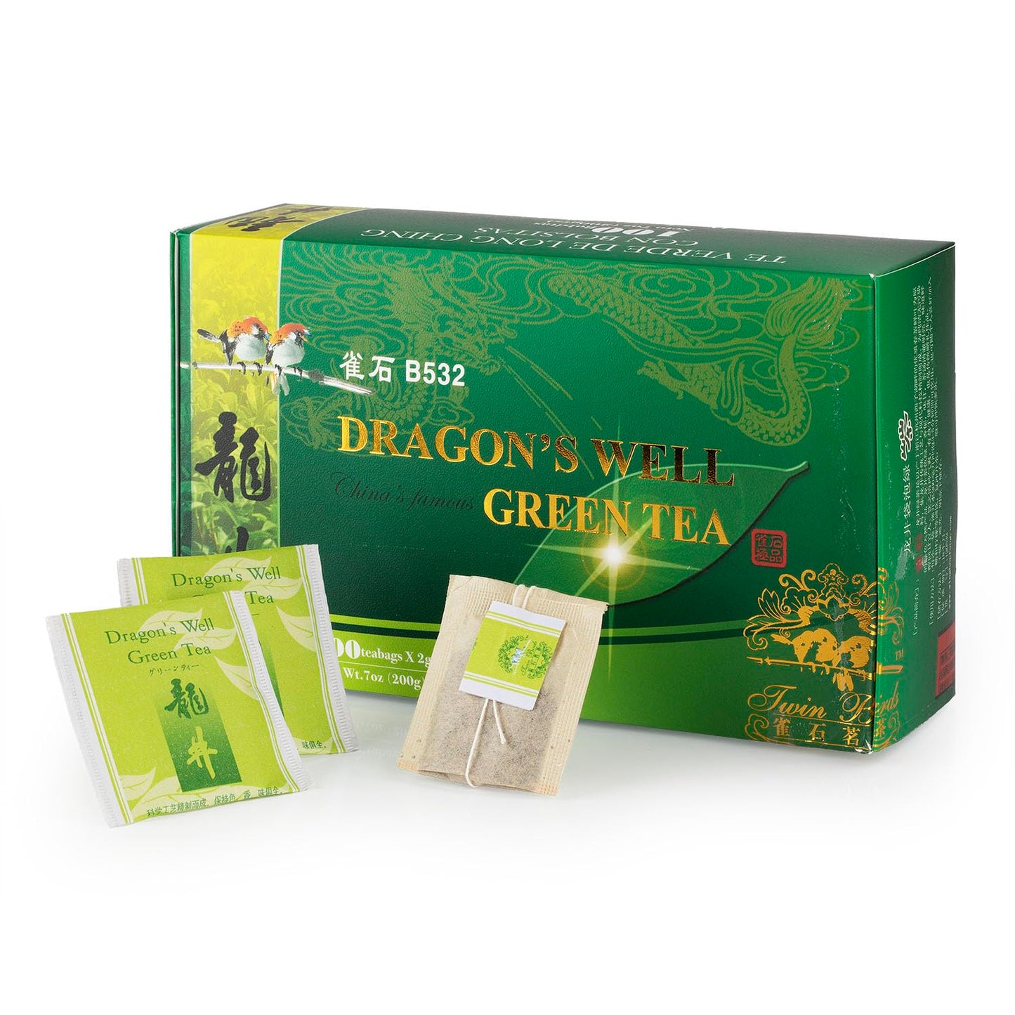 Wing Hop Fung Dragon's Well Green Tea Bags, Premium Handcrafted West Lake Longjing Green Tea, Antioxidant and Wellness Support, Individually Wrapped 100 Tea Bags