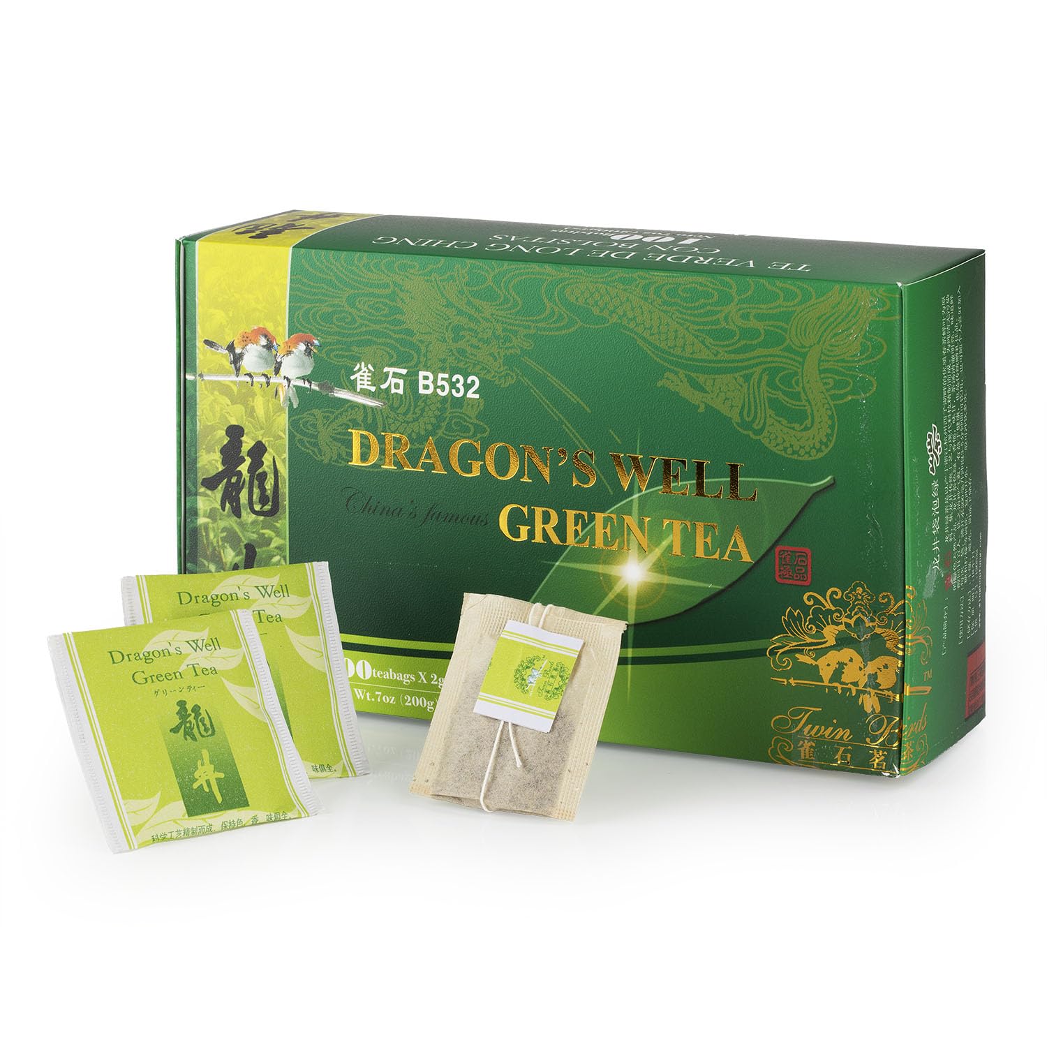 Wing Hop Fung Dragon's Well Green Tea Bags, Premium Handcrafted West Lake Longjing Green Tea, Antioxidant and Wellness Support, Individually Wrapped 100 Tea Bags