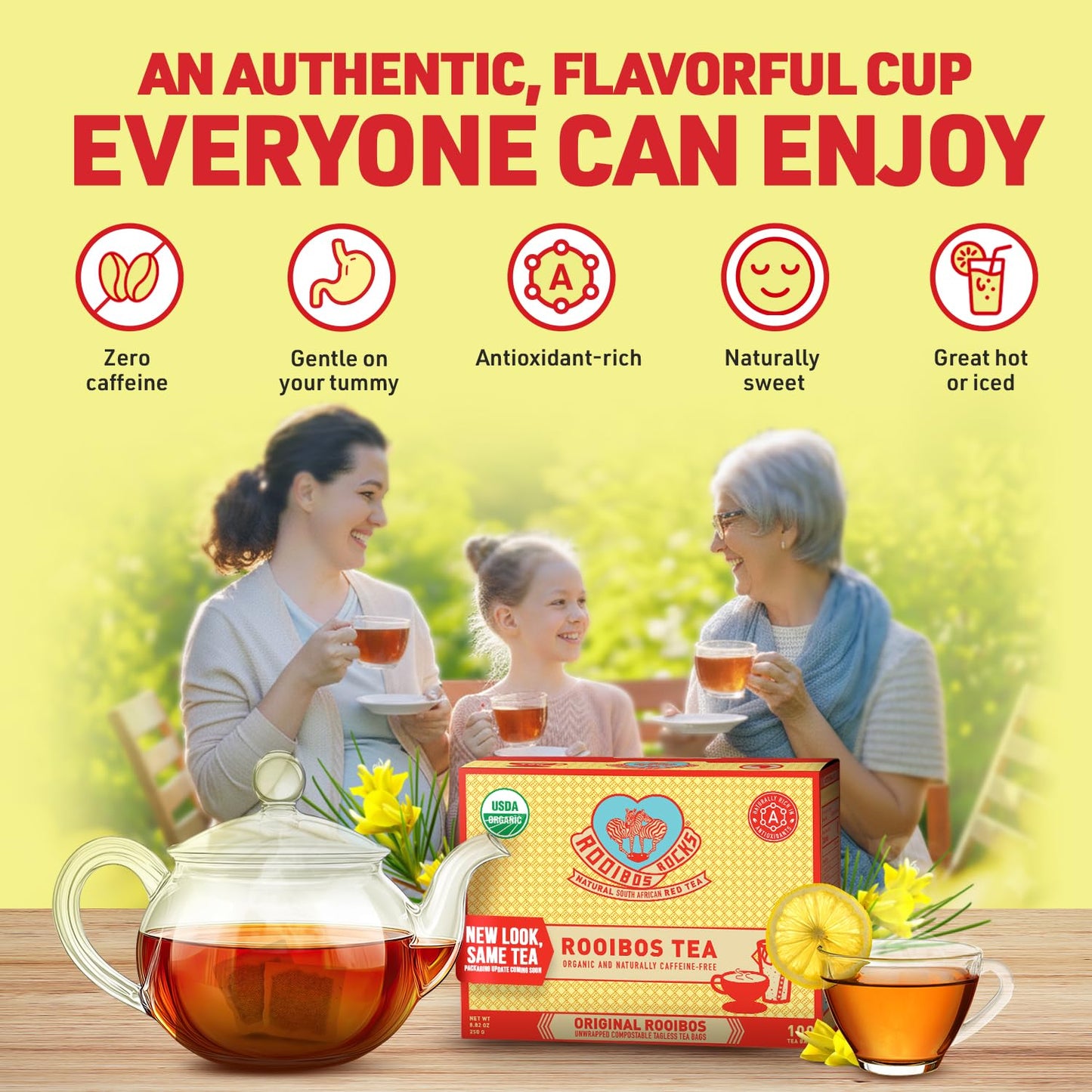 Rooibos Rocks Organic Rooibos Tea Bags - Caffeine-Free, 100 ct | USDA Organic • Microplastic-Free Tagless Pillow Tea Bags • Naturally Mildly Sweet Flavor • Hot or Iced