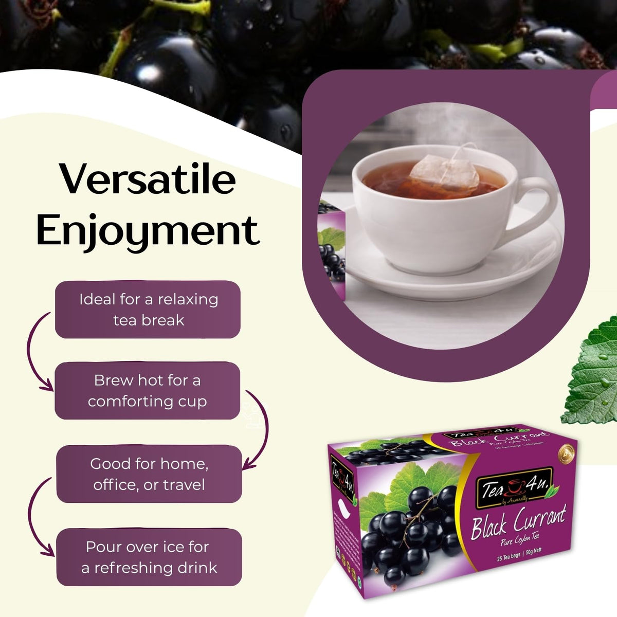 Tea4U Black Currant Flavored Ceylon Tea Bags - Fruity Blend - 25 Count