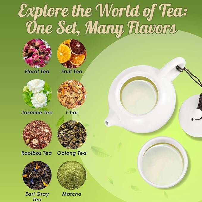 Flexzion Chinese Japanese Vintage Kungfu Gongfu Tea Set Portable Travel Teapot, White Porcelain Porcelain Ceramic Tea Pot, 4 Tea Cup, Bamboo Tea Tray