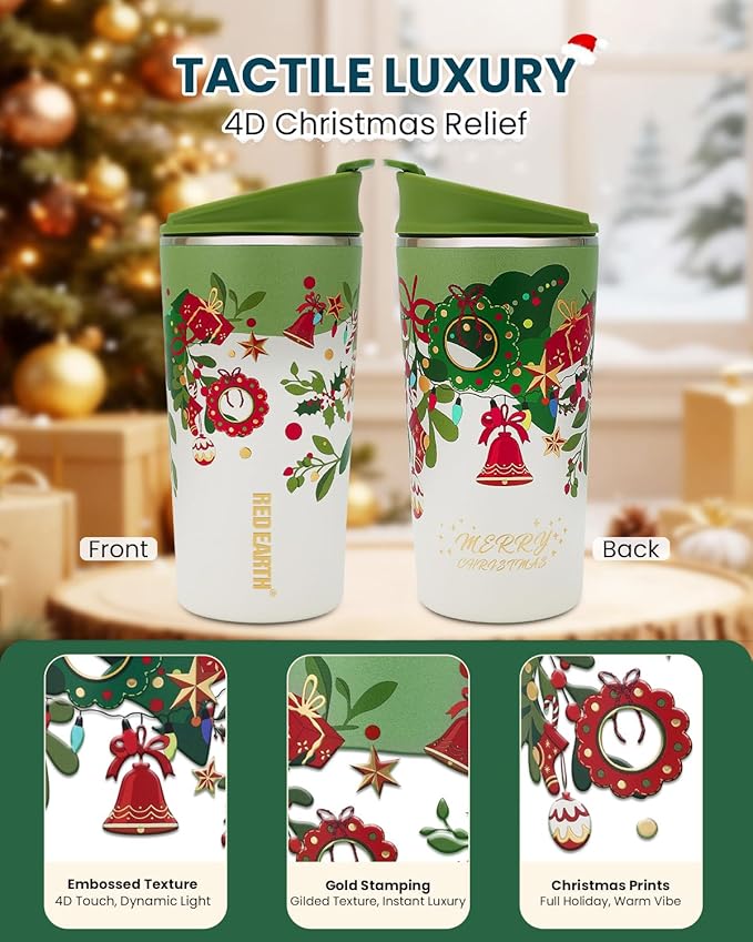 GiNT 17oz Christmas Tea Cup with Infuser and Lid - 4D Gold Foil Pattern (Bells & Holly)