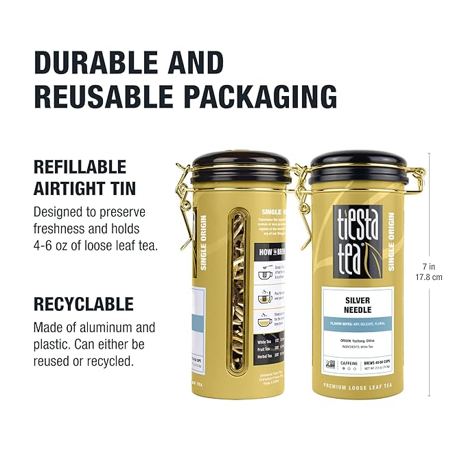 Tiesta Tea Silver Needle White Tea – Premium Loose Leaf, Single-Origin from China | Pure Unblended Low-Caffeine Tea | Hot or Cold Brew | 2.5oz Refillable Tin | Brews 50 Cups
