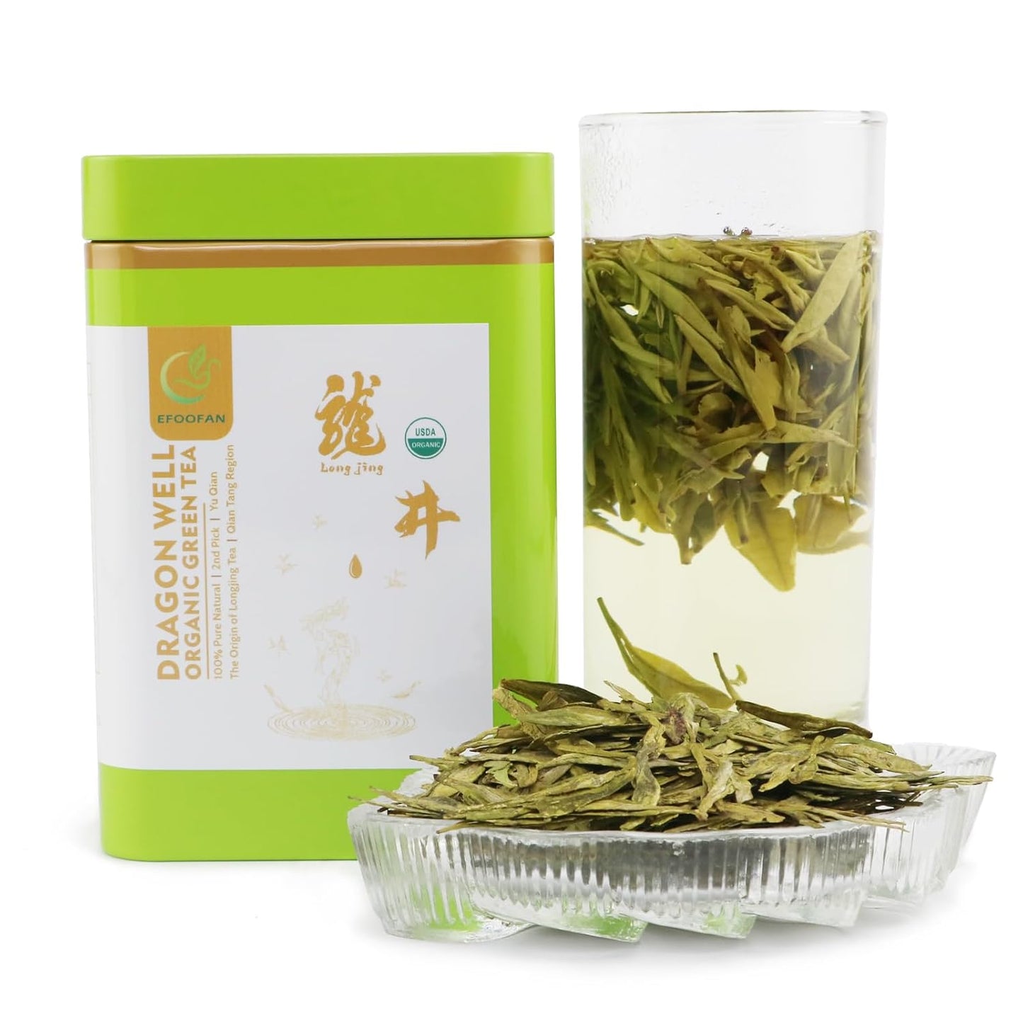 EFOOFAN Organic Dragonwell Green Tea, Loose Leaf, 2nd Harvest, 100g Tin | USDA organic. Yu Qian: full-bodied, toasty &amp; grassy. Hand-crafted, pan-fired. Re-steep 2-3x. Spent leaves edible. Premium tea
