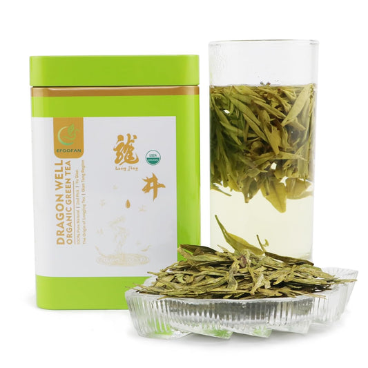 EFOOFAN Organic Dragonwell Green Tea, Loose Leaf, 2nd Harvest, 100g Tin | USDA organic. Yu Qian: full-bodied, toasty &amp; grassy. Hand-crafted, pan-fired. Re-steep 2-3x. Spent leaves edible. Premium tea