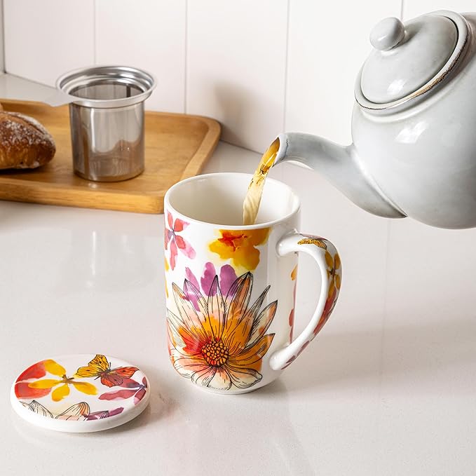 Gbhome Tea Mug with Infuser and Lid, 18 Ounce Large Ceramic Loose Leaf Cup, Microwave, Dishwasher Safe, Perfect For Tea Lovers