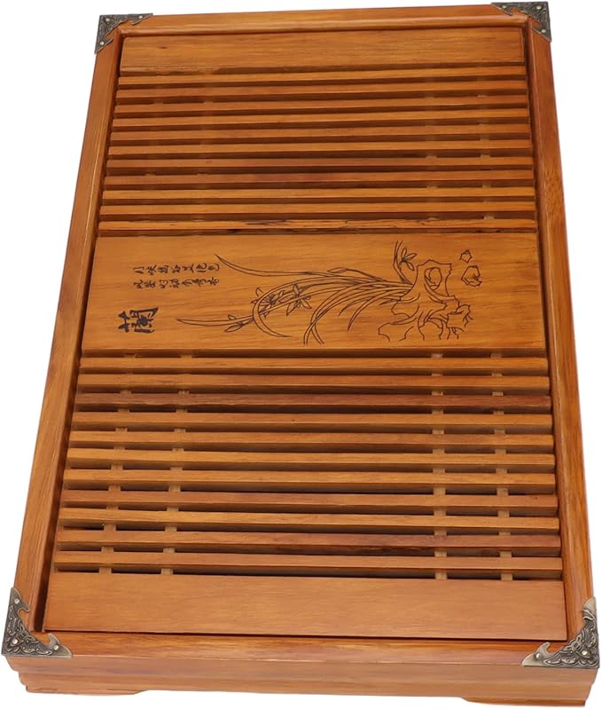 Kungfu Tea Tray Chinese Gongfu Tea Tray Drainage Water Storage Wood Tea Table with Drain Pipe (Yellow Orchid)