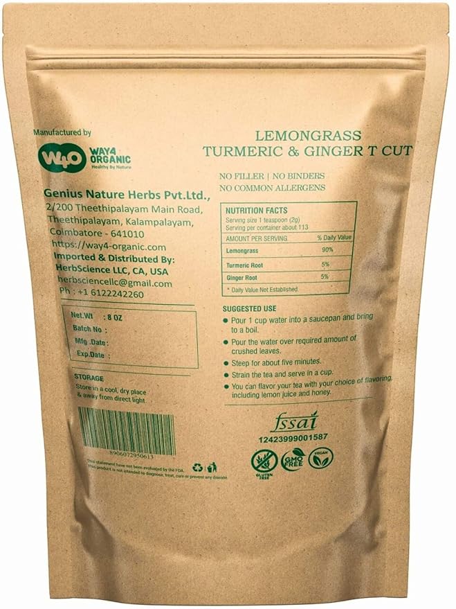 Lemongrass Loose Leaf Herbal Tea with Benefits of Turmeric and Ginger, Caffeine Free, 224g (8-ounce), Culinary Use