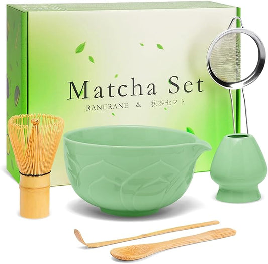 Matcha Whisk Set, Lotus Cyan Ceramic Matcha Set Includes Matcha Bowl, Matcha Whisk (Chasen) and Holder, Sifter, Bamboo Scoop & Spoon