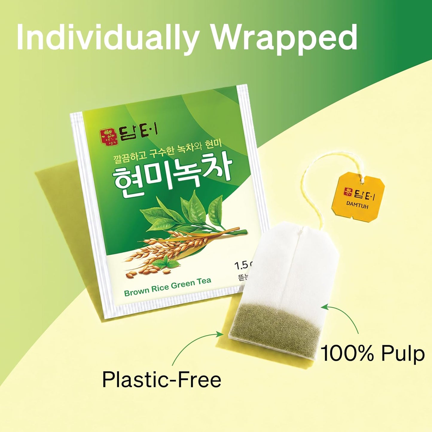 Damtuh Korean Brown Rice Green Tea Bags, Genmaicha, 150 Count | Roasted Rice, Individually Wrapped, Low Caffeine, Sugar-Free, Hot or Iced, Toasted Nutty Flavor, Korean Green Tea
