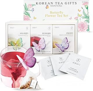 KKOKDAM Korean Tea Gift Set Sampler – 3 Flavor Pink Butterfly Tea Bag Sampler – Elegant Box for Tea Lovers - Perfect as Korean Gifts for Women