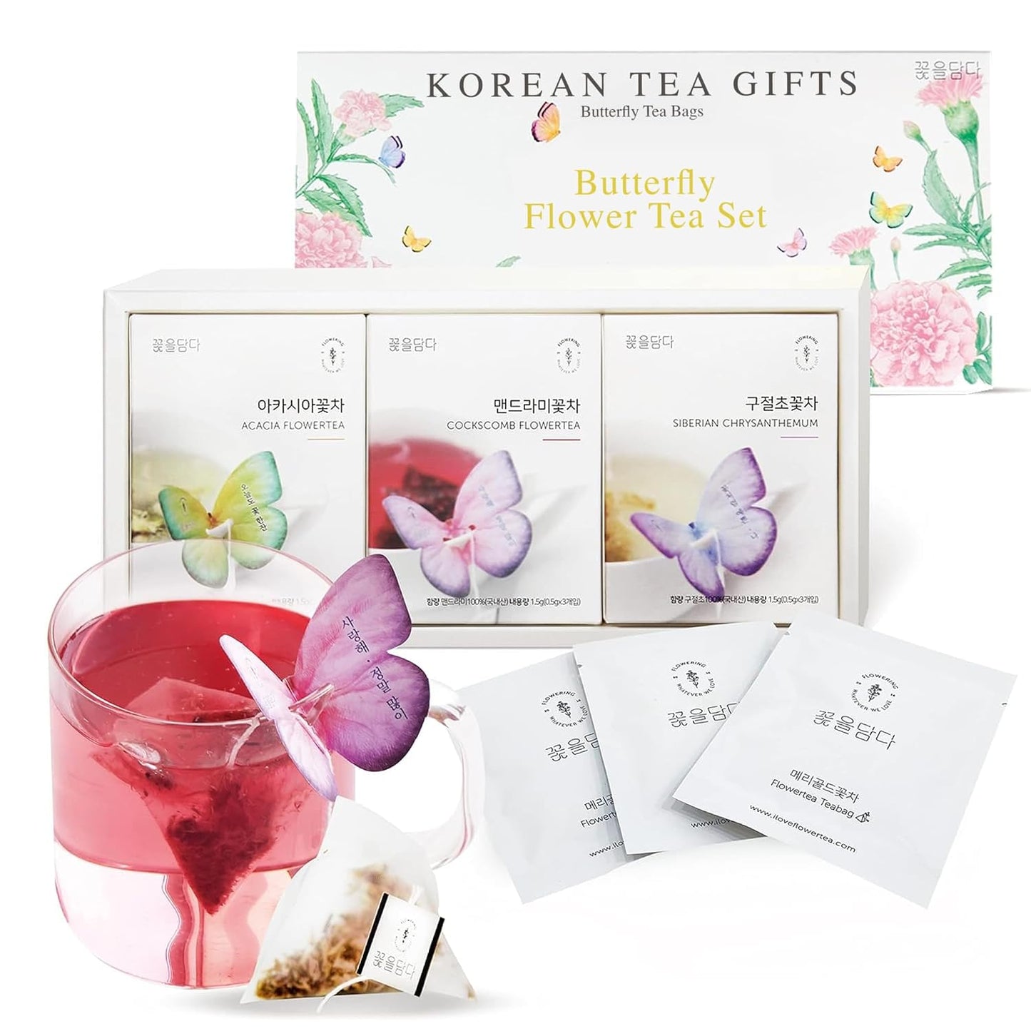 Kkokdam Korean Tea Gift Set Sampler – 3 Flavor Pink Butterfly Tea Bag Sampler – Elegant Box for Tea Lovers - Perfect as Korean Gifts for Women