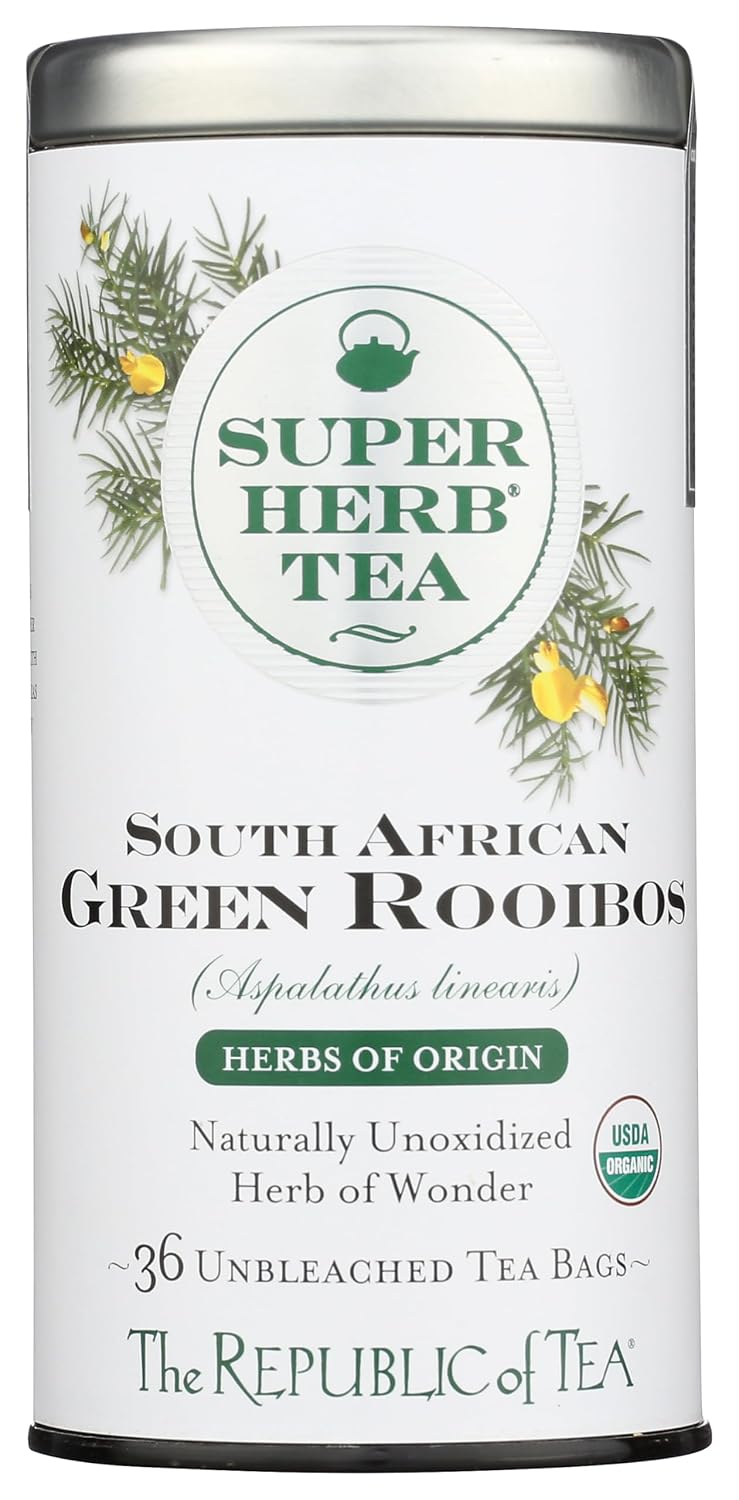The Republic of Tea SuperHerb South African Green Rooibos Herbal Tea, 36 Ct | Caffeine Free. Suitable for day or evening sipping. Mellow with a rounded finish. USDA Organic and Gluten Free.