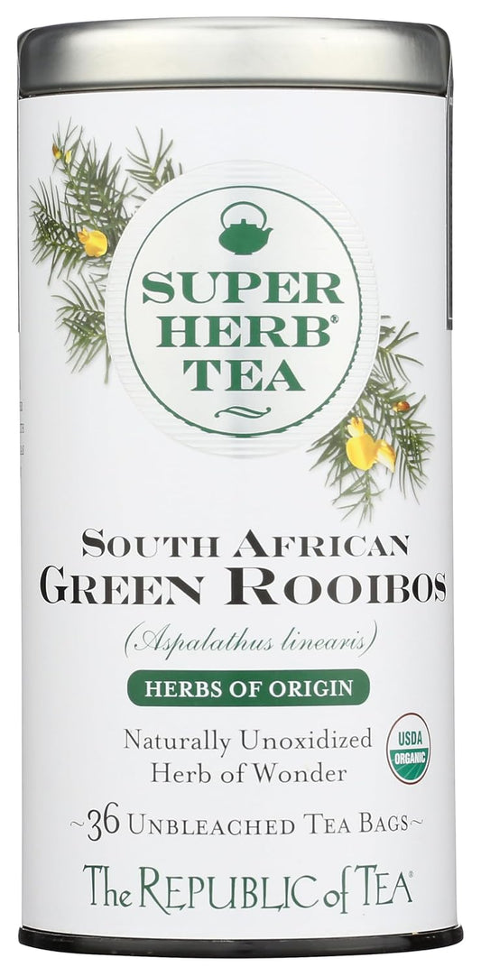 The Republic of Tea SuperHerb South African Green Rooibos Herbal Tea, 36 Ct | Caffeine Free. Suitable for day or evening sipping. Mellow with a rounded finish. USDA Organic and Gluten Free.