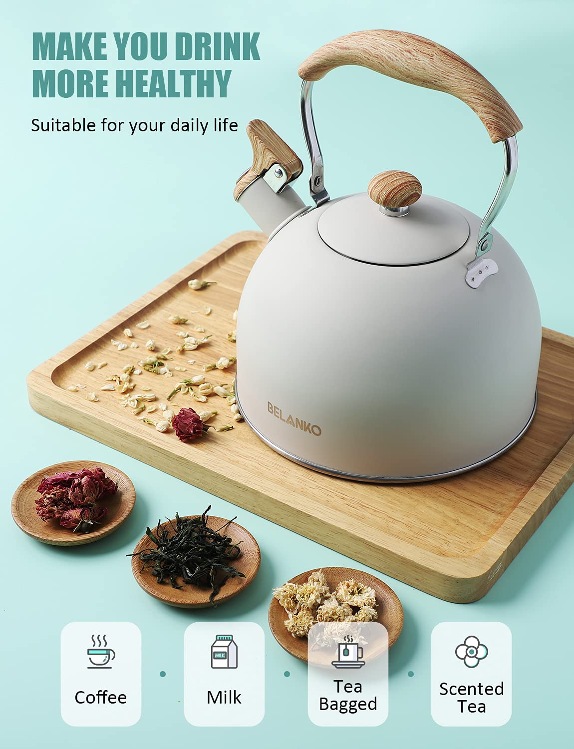 Tea Kettle, BELANKO 85 OZ / 2.5 Liter Whistling Tea Kettle Pots for Stove Top Food Grade Stainless Steel with Wood Pattern