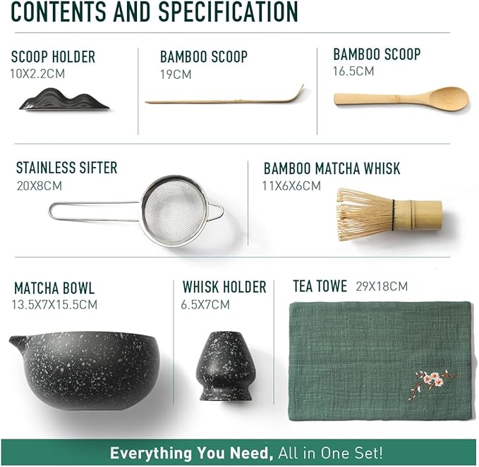 Black Matcha Whisk Set, 8 PCS Black Matcha Set Kit, Japanese Ceremonial Matcha Set Whisk and Bowl with Spout, Matcha Gift/Accessories