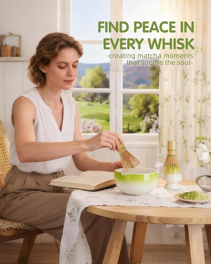 ZENS Matcha Whisk Set, 6pcs Matcha Kit Includes Ceramic Bowl, Handcrafted Bamboo Whisk and Chasen Holder, Scoop, 304 Sifter & Tea Mat，Matcha Set for Tea Ceremony,Latte Making, Green