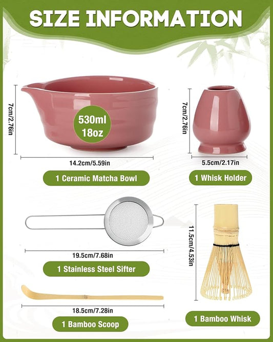 5PCS Pink Matcha Set - 17OZ Ceremonial Bowl with Spout, Bamboo Whisk (Chasen), Stainless Sifter, Scoop & Holder, Matcha Kit for Matcha Lovers, Pink