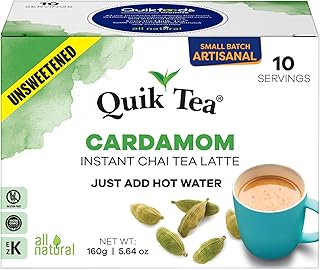QuikTea Cardamom Unsweetened Chai Tea Latte – 10 Count, Bold Cardamom Flavor, Naturally Caffeine-Light, no preservatives, No Sugar Added – Just Add Hot Water
