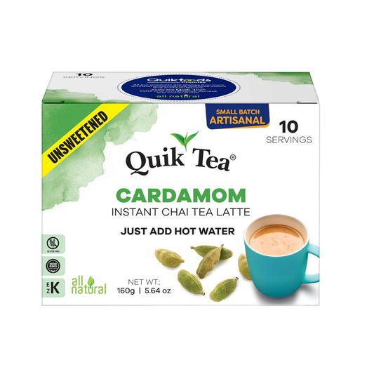 QuikTea Cardamom Unsweetened Chai Tea Latte – 10 Count, Bold Cardamom Flavor, Naturally Caffeine-Light, no preservatives, No Sugar Added – Just Add Hot Water