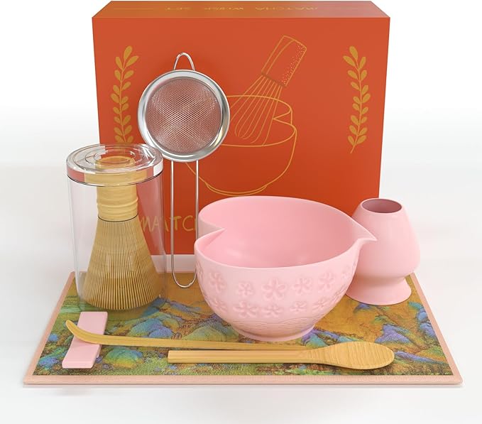 Matcha Whisk Set & Japanese Tea Set, 8PCS Ceramic Matcha Kit, Heart-shaped Matcha Bowl with Spout an