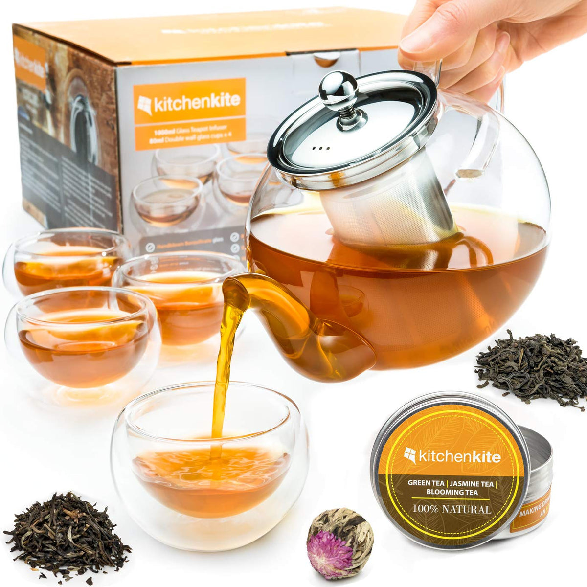Kitchen Kite Glass Teapot Set with 4 Double Wall Tea Cups & Removable Stainless Steel Infuser, 35oz/1000ml Borosilicate Tea