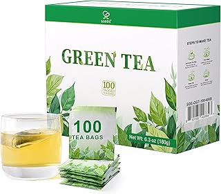Soeos Green Tea, 6.3 oz (180g), 100 Tea Bags, Refreshing and Fragrant, Sustainably Sourced, Ideal for Hot or Iced Tea, Long-Lasting Freshness