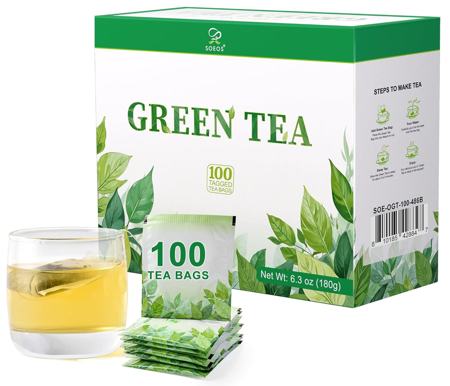Soeos Green Tea, 6.3 oz (180g), 100 Tea Bags, Refreshing and Fragrant, Sustainably Sourced, Ideal for Hot or Iced Tea, Long-Lasting Freshness