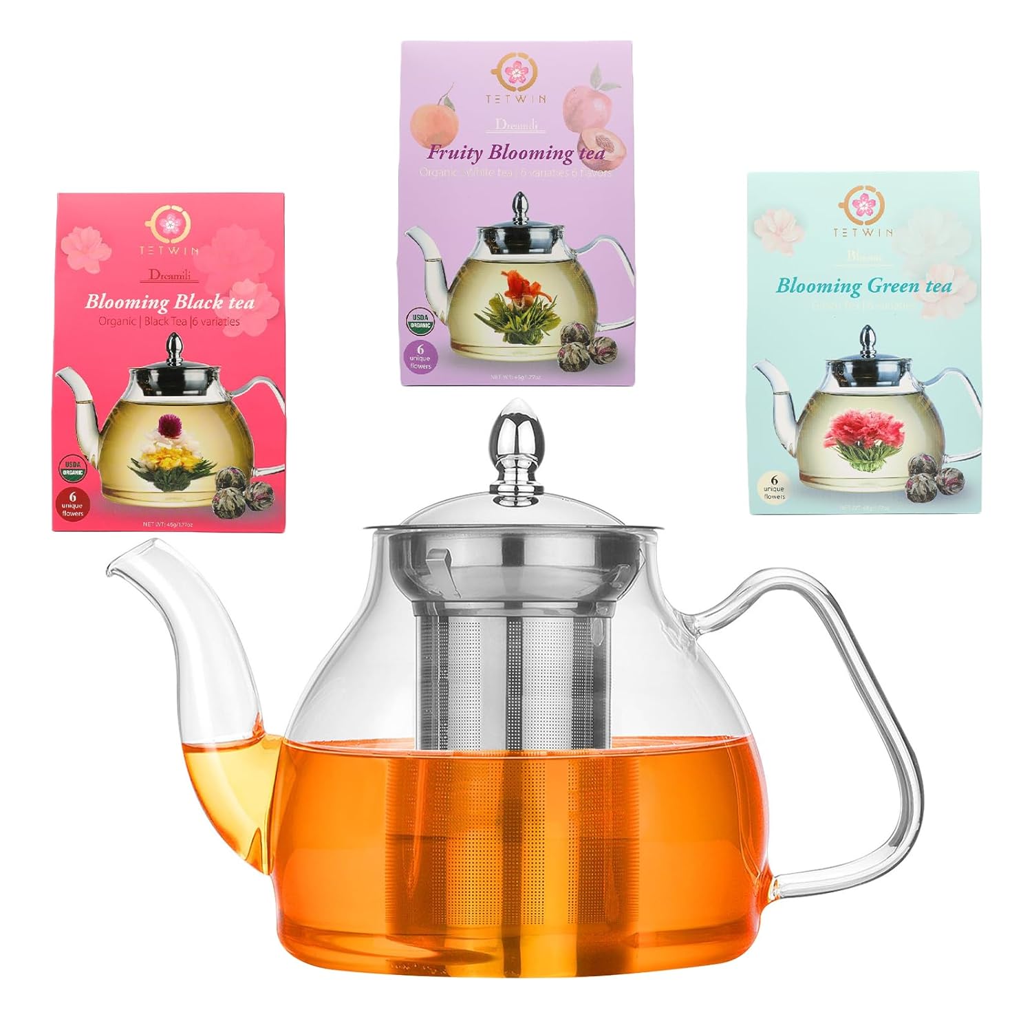 TETWIN Organic Blooming Tea Flowers 6 Tea Balls USDA Hand Tied Natural Black Tea Leaves & Edible Flowers Gifts for Tea Lovers