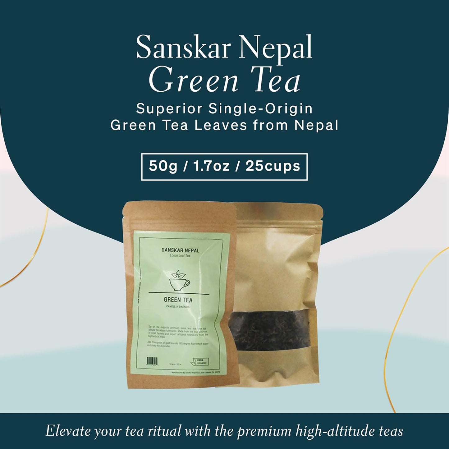 Sanskar Nepal - Green Tea, Superior Single-Origin Green Tea Leaves from Nepal, High-Altitude-Grown Loose Leaf Tea, 50 g/1.7 oz Bag Yields 25 Cups