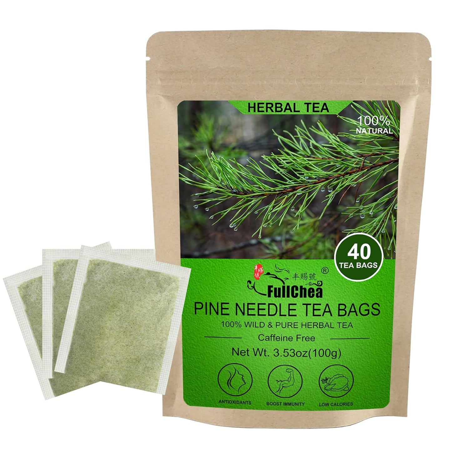 FullChea - Dried Pine Needle Tea Bags, 2.5g X 40 Count, Masson Pine Powder