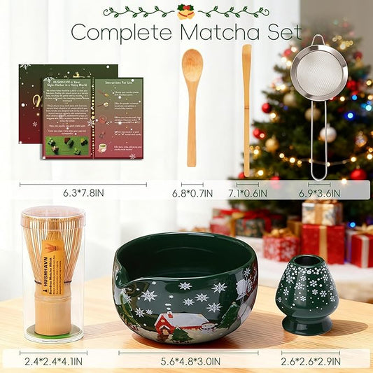Christmas Gifts Matcha Whisk Set, Ceramic Matcha Set Includes Bowl & Holder, Bamboo Whisk (Chasen), Scoop, Spoon and Sifter