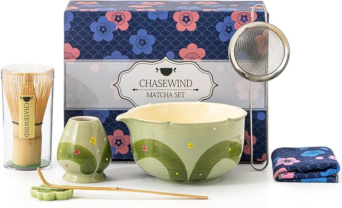 Matcha Whisk Set, 7Pcs Matcha Set with Hand-Painted Ceramic Matcha Bowl, Matcha Whisk and Holder, Sc