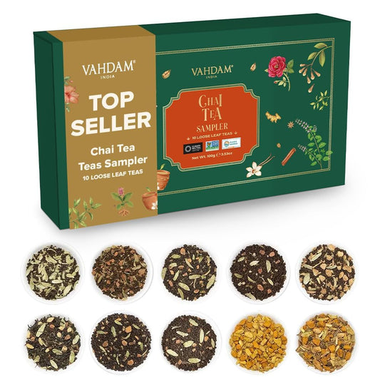 VAHDAM, Assorted Loose Leaf Chai Tea Sampler (10 Flavors, 50+ Servings), Indian Exotic Masala Chai Tea Blends, Resealable Ziplock Pouch