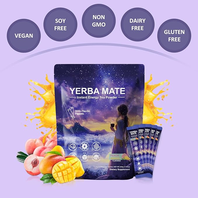 Mosslly Yerba Mate Instant Tea Powder, Concentration, Gut Health, Metabolism, Loaded with Prebiotics & Probiotics, Natural Caffeine, No Sugar Peach Mango Flavor, 30 Servings