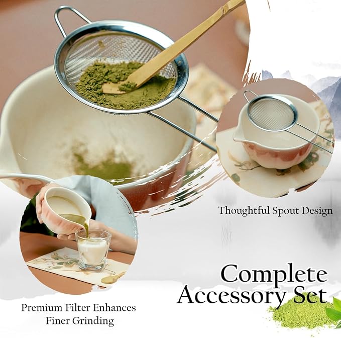 Matcha Whisk Set, Matcha Bowl with Spout, 8PCS Macha kit, Matcha Whisk and Bowl, Chasen, Bamboo Scoop, Scoop Rest, Sifter and Tea Towel