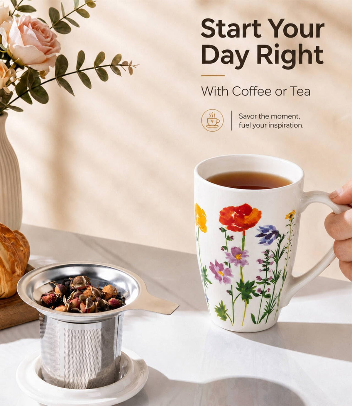 AmorArc Tea Cup With Infuser and Lid, 18oz Loose Leaf Tea Mug With Steeper