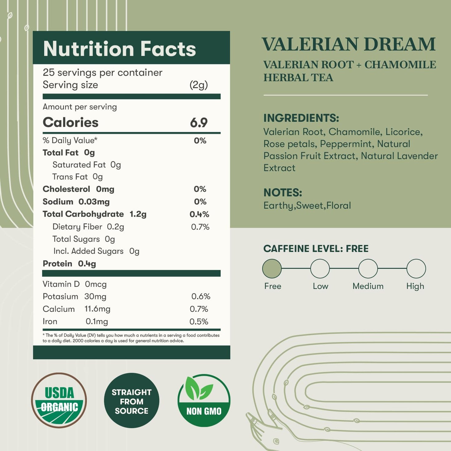 Luxmi Estates Organic Valerian Root, Chamomile, &amp; Lavender Loose Leaf Tea 50g/1.76oz (25 cups) for Sleep | Caffeine Free Wellness Sleep Tea
